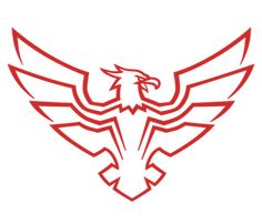 an eagle logo is shown in red on a white background with the words, `