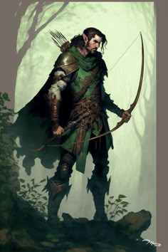 a man dressed in armor holding a bow and arrow while standing in the middle of a forest