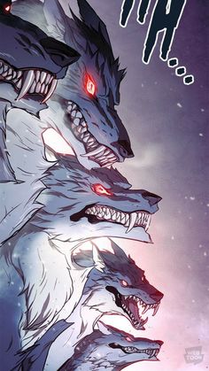an image of three wolfs with red eyes