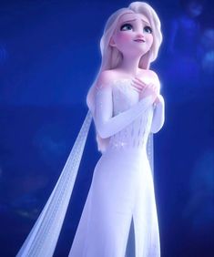 the frozen princess is dressed in white and holding her hand on her hip, while looking up
