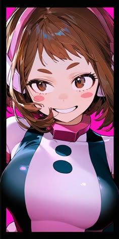 an anime character with brown hair and blue eyes wearing a black and white outfit, posing for the camera