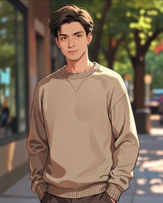 a young man standing on the side walk