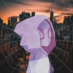 a drawing of a person standing in front of a spider web with the city skyline behind them