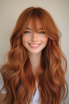 24 Stylish Haircuts for Long Hair with Bangs in 2025 – CreativeBooster Red Long Hair With Bangs, Long Copper Hair With Bangs, Long Red Hair Bangs, Long Red Hair With Bangs, Long Ginger Hair With Bangs, Long Auburn Hair With Bangs, Long Red Hairstyles With Bangs, Long Red Hair With Bangs And Layers, Ginger Hair Bangs Long