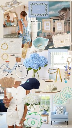 a collage of blue and white items including flowers, hats, jewelry, and accessories