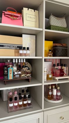 the shelves have many different types of perfumes on them