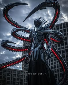 a robot that is standing in the middle of a building with red lights on it