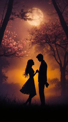 a man and woman standing in front of a tree with the moon shining behind them