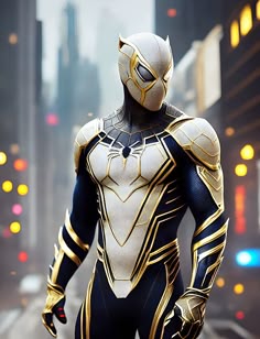 a man in a black and gold suit standing on a city street