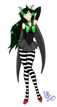 a drawing of an anime character with black and white striped pants, red shoes and green hair