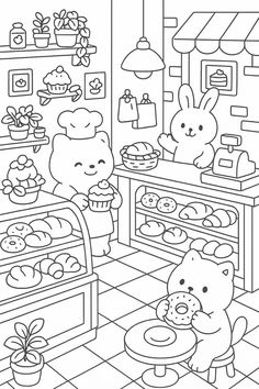 a black and white drawing of two teddy bears in a bakery with other items on the counter