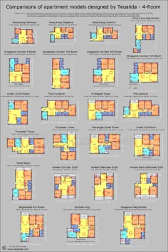 the floor plan for an apartment complex with multiple rooms and two bathrooms, all in different colors