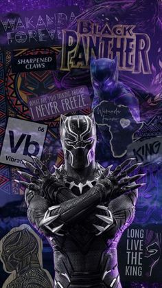 the black panther character is standing in front of purple background