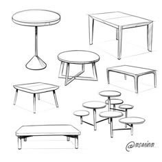 various tables and stools are shown in this drawing