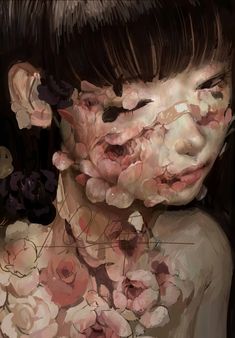 a painting of a woman with flowers all over her face and neck, in front of a black background