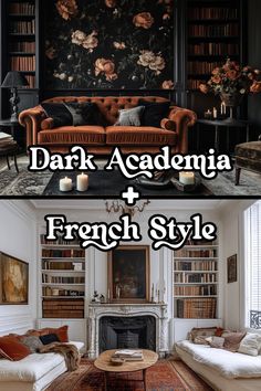 two pictures of living room furniture and fireplace