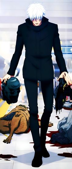 an anime character with white hair and black clothes