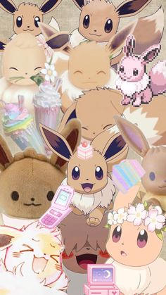 several stuffed animals are sitting next to each other