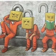 three people in orange jumpsuits are reading books