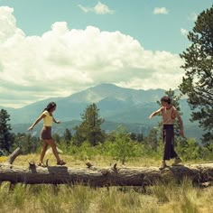two children walking across a fallen log in the woods with mountains in the back ground