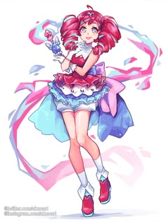 a drawing of a girl with red hair and blue dress, holding a flower in her hand
