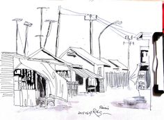 a pen drawing of a street with telephone poles and buildings in the backgroud