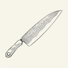a black and white drawing of a knife on a light colored background, with the blade slightly extended