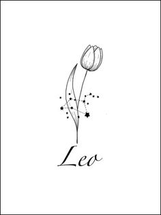 a flower with the word leo written in black ink on a white background, surrounded by stars