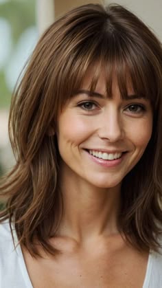 Shoulder Length Thick Hair With Bangs, Mid Length Hair With Bangs Brunette, Best Mom Haircut, Mom Bangs Hairstyles, Mom Hairstyles With Bangs, Mom Cut With Bangs, Mom Friendly Haircut, Mid Length Hair With Bangs And Layers Wavy, Mom Haircut With Bangs