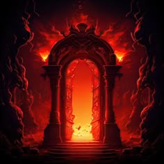 an image of a red gate in the middle of a dark forest with fire coming out