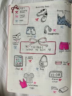 an open notebook with doodles and drawings on the pages showing things to buy in different stores