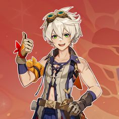 an anime character with white hair and green eyes holding a pair of scissors in one hand