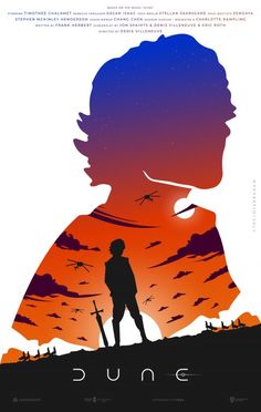 the poster for dune is shown in red, blue and orange tones with an image of a man standing on top of a hill