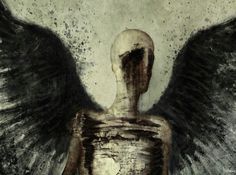 an angel with black wings standing in front of a white wall