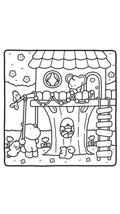 a black and white coloring book page with an image of a bear in the tree house
