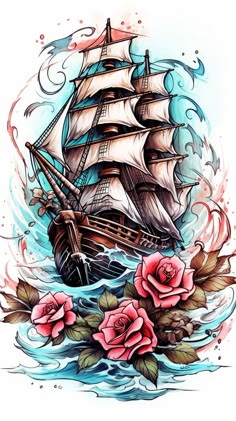an old ship with roses on the water
