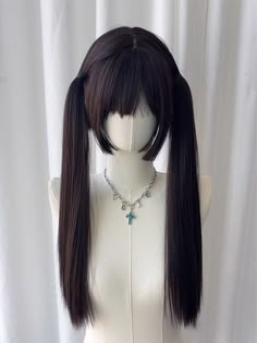 black lace wig #wigstyling #wigsale #wigshop #wiglovers #wigmurah #wiggle #wigcosplay #wiginstallation #wigunits #wigforsale #wigstore Female Wig, Black Hairstyle Long Hair, Black Pigtails Wig, Black Twintails, Two Tails Hairstyle, Hair Ideas Black, Cute Hairstyles Black Hair, Cute Black Hair, Hairstyle Black Hair
