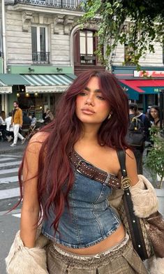 fashion, aesthetic, style, outfit, that girl, Maroon Hair On Dark Skin, Dark Brown Red Hair With Highlights, Dark Red Calico Hair, Girl With Dark Red Hair, Dark Red Hair Ideas, Maroon Brown Hair, Hair Colour 2026, Cola Hair Color, Cherry Hair Outfits