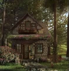 a painting of a house in the woods with flowers growing on it's roof