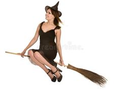 a woman dressed as a witch flying on a broom stock images and photoshopped