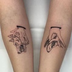 two tattoos on the legs of people with their hands holding each other's fingers