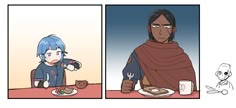 two comics with people sitting at a table and one has food in front of him