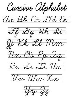 the cursive alphabet is shown in black ink