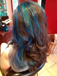 Blue hair Hair Highlights Colorful, Blue Hair On Brunette, Blue Highlight Hair, Light Brown Hair Blue Highlights, Blue Streaks In Hair, Blue Hair Highlights Brunette, Multi Colored Highlights, Bright Blue Highlights In Brown Hair, Blue Chunky Highlights In Brown Hair
