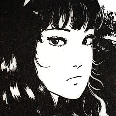 a black and white drawing of a woman with long hair