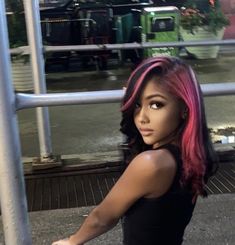 Side Part Dyed Hair, Dark And Pink Hair, Coloured Hair Black Women, Dyed Hair Streaks, Pink In Black Hair, Pink Blonde Black Hair, Dye Patterns Hair, Black Hair With Pink Skunk Stripe, Pink Streaks In Black Hair