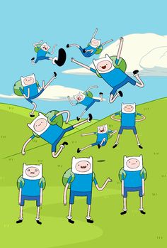 the cartoon characters are playing with each other in the field, and one person is jumping up