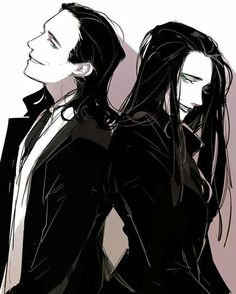 two people standing next to each other with long hair