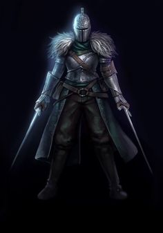 a man in armor with two swords standing next to each other on a dark background