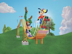 mickey mouse and goofy on top of a wooden sled in front of an amusement park